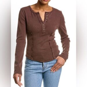 Free People We The Free Chocolate Brown Long Sleeve Henley - Size M